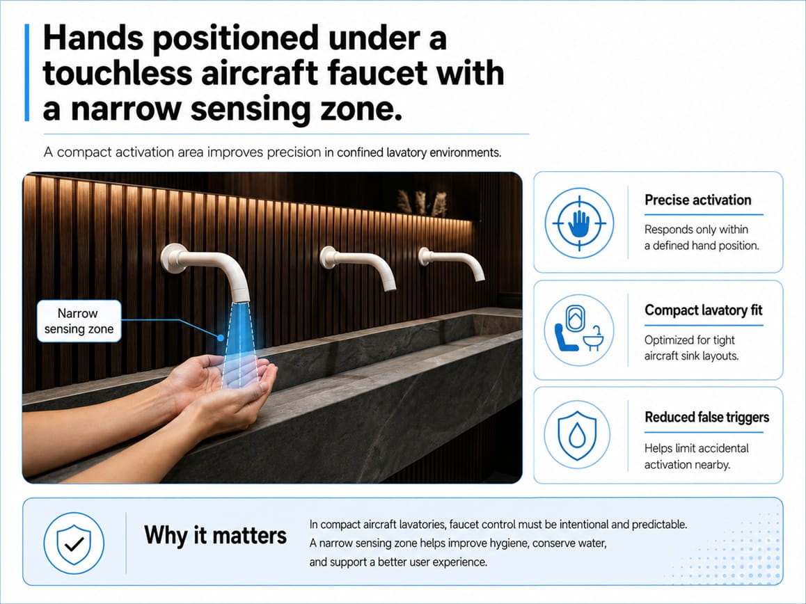 Hands positioned under a touchless aircraft faucet with a narrow sensing zone